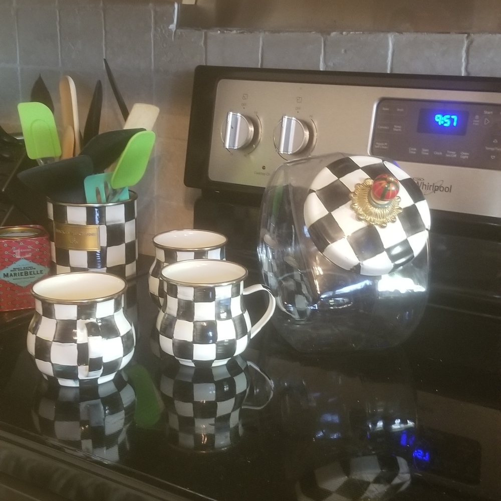 McKenzie Childs cookie Jar and coffee mugs